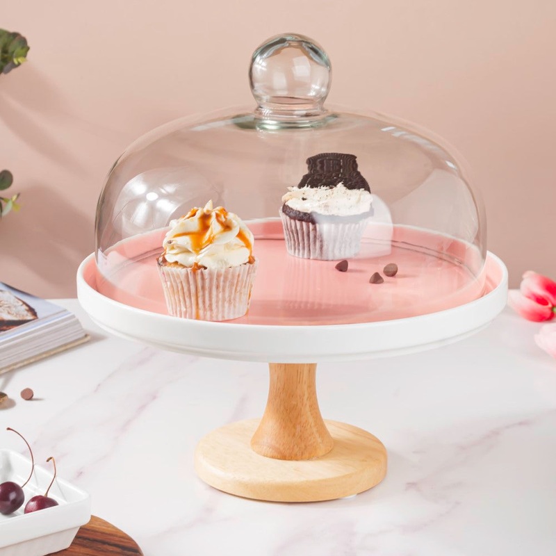 Cake Stand With Cloche Pink 9.5 Inch