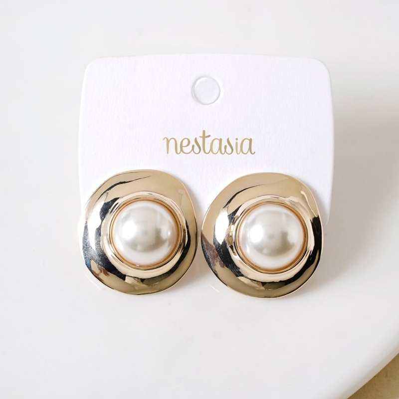 Gold Disc With Pearl Stud Earrings