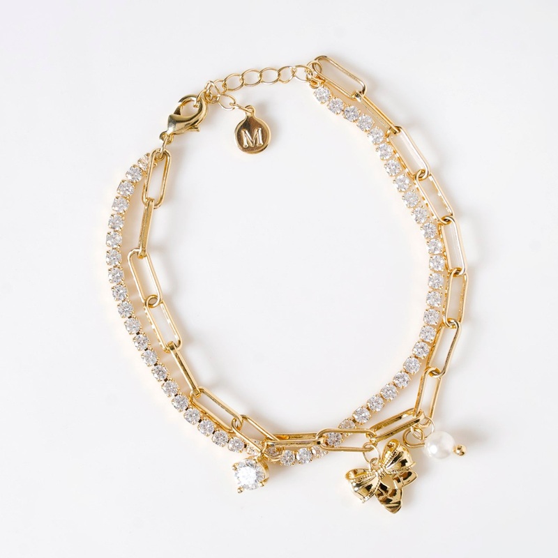 Stone Studded Gold Bow Charm Bracelet