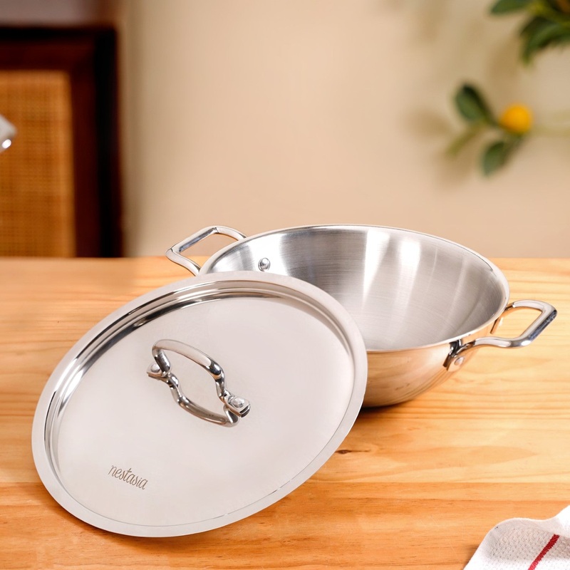 Tri Ply Stainless Steel Kadai Wok With Lid 3500ml