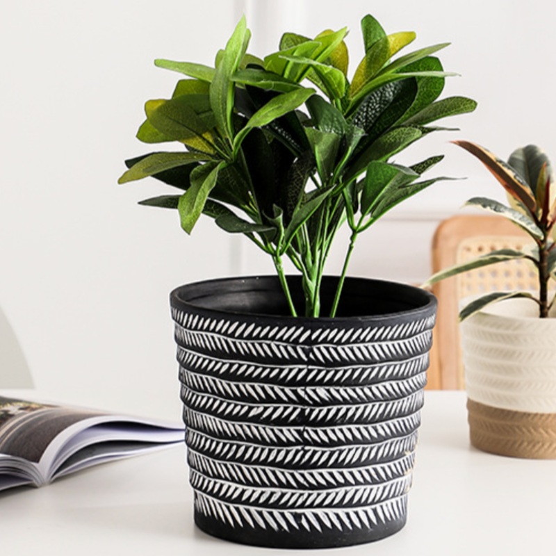 White Abstract Lines Black Pot