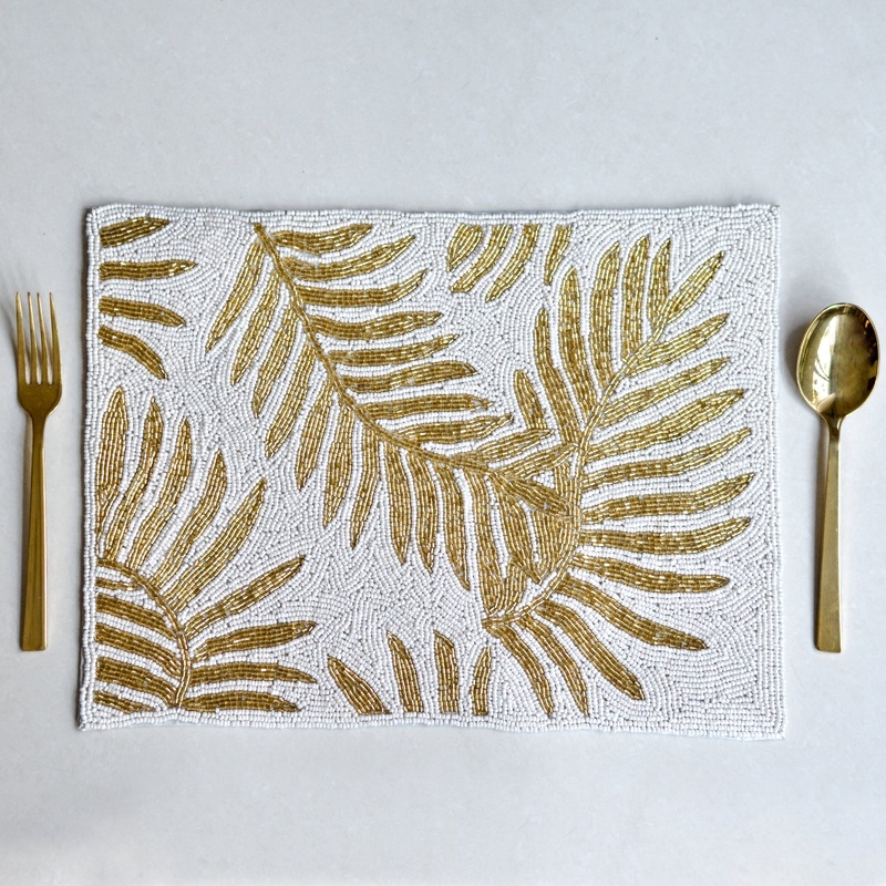 Beads White and Gold Rectangle Table Mat