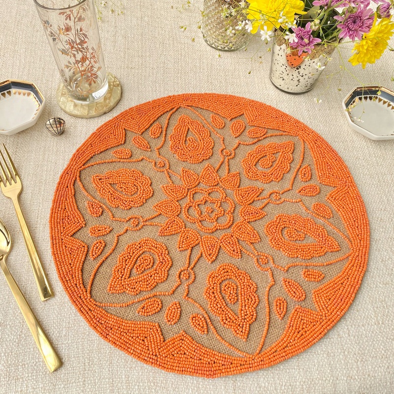 BEADS Mandala Jute Table Mat- Orange