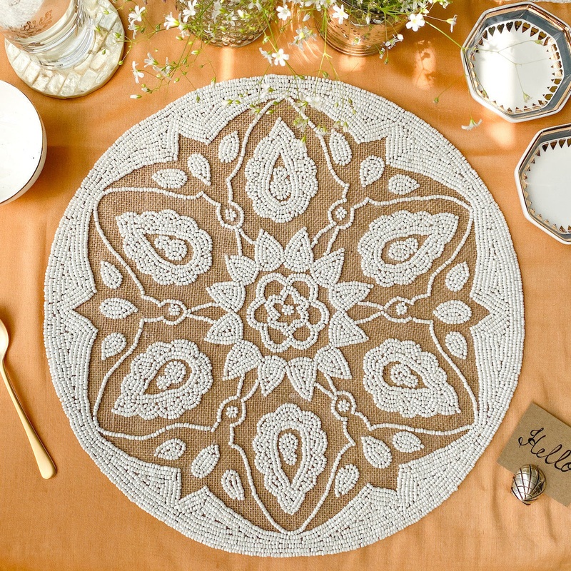 BEADS Mandala Jute Table Mat- White