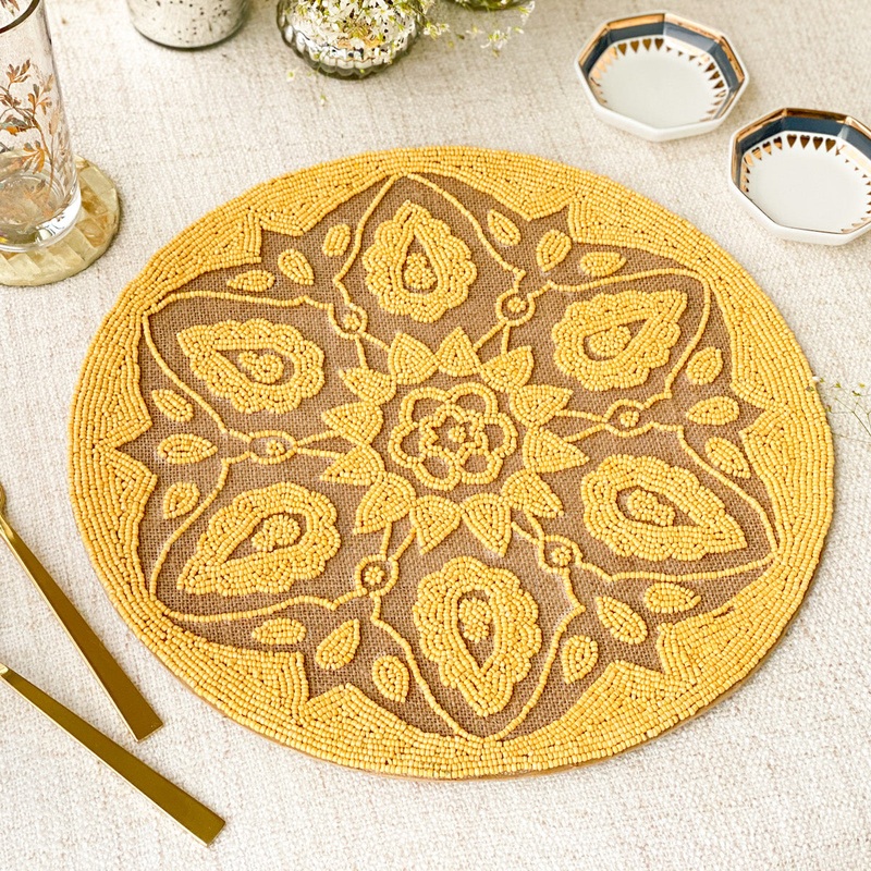 BEADS Mandala Jute Table Mat- Yellow