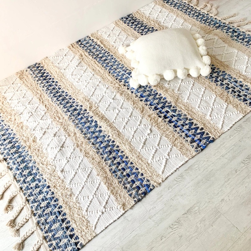BOHO Ivy Hand Woven Rug - White and Blue
