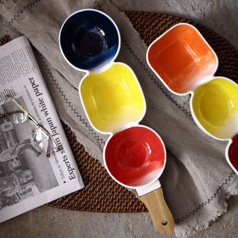 MERRY 3 part snack bowl with wooden handle - blue, yellow & red