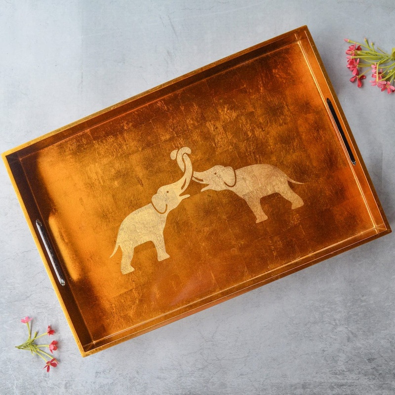 Rectangle Lacquer Tray With Elephant Design - Copper