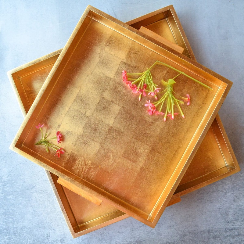 Square Lacquer Tray with MOP Handle- Gold(Set Of 2)