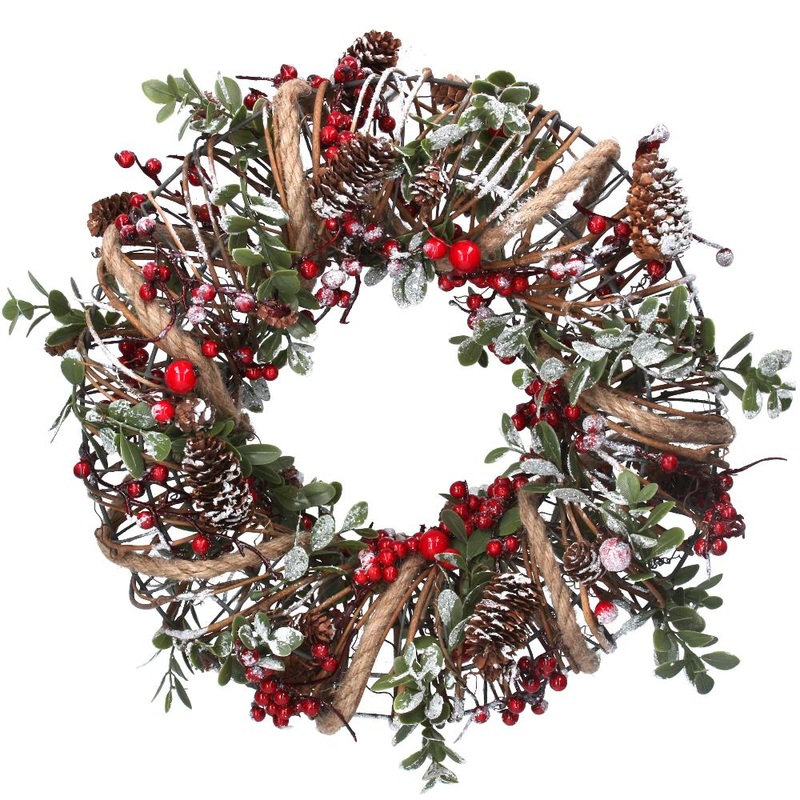 Christmas Wreath - Holly And Pine Cones - 32cm