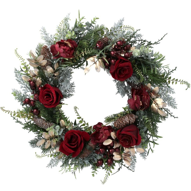 Christmas Wreath - Red Roses And Pine Cones - 55cm