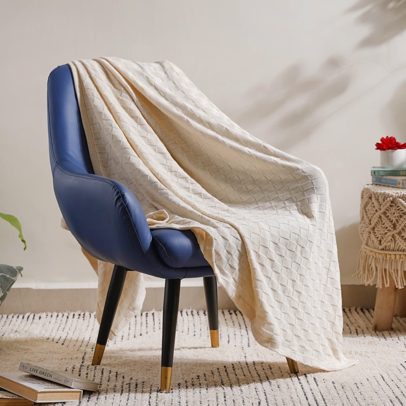 Off White Check Knitted Throw