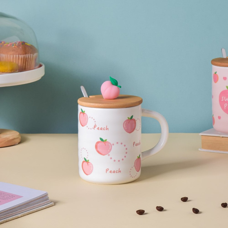 Morning Tea Mug Peach Patterned With Lid And Spoon 350 ml