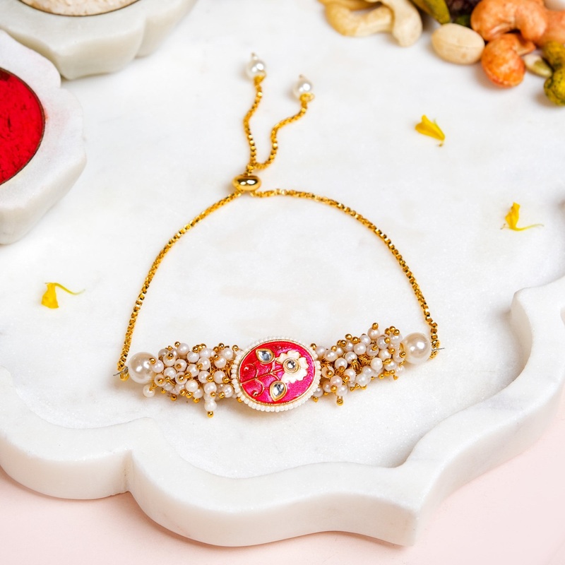 Pearl Cluster Pink Bracelet Rakhi Gift Set