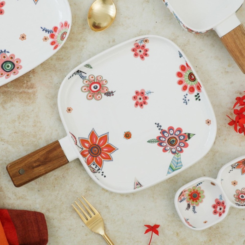 Square Floral Plate with Handle