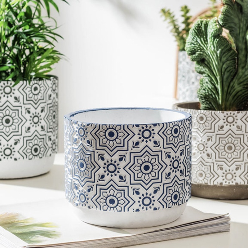 Floral Geometric Blue White Pot