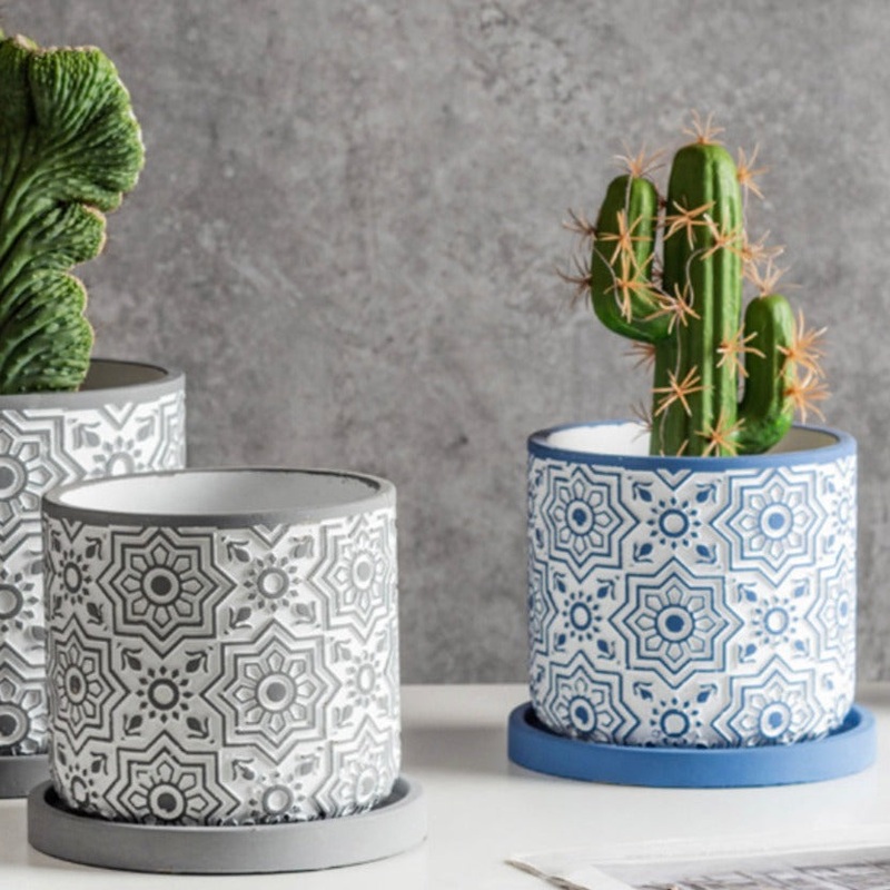 Round Geometric Floral Pot With Plate