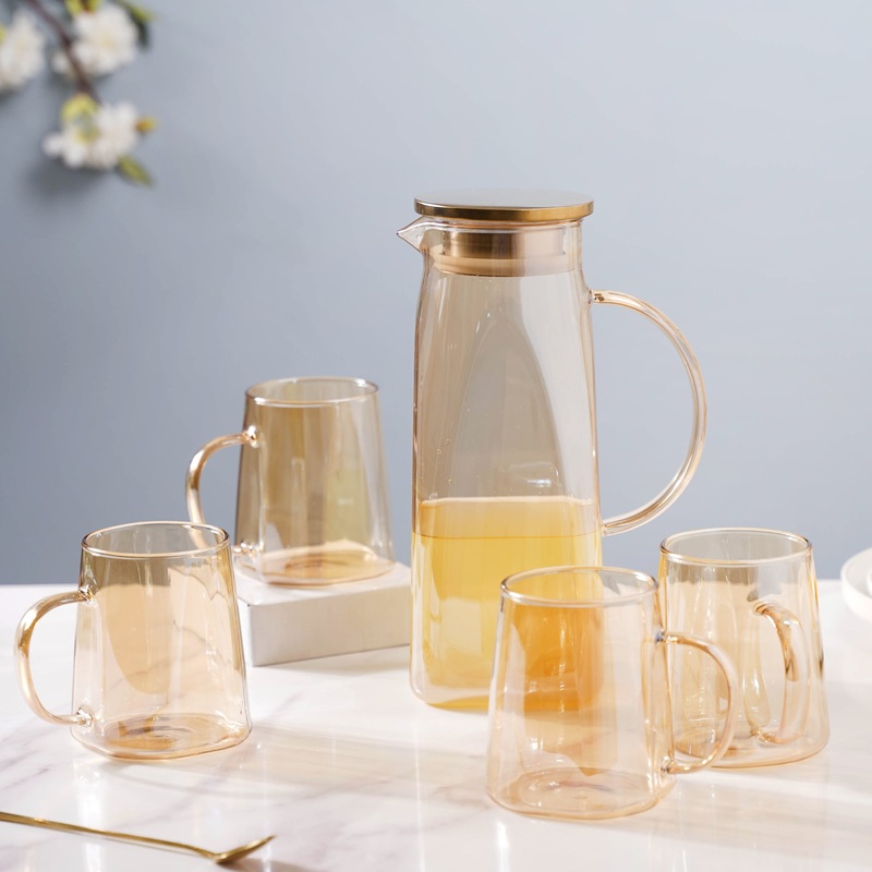 Amber Glass Jug and 4 Cups Set