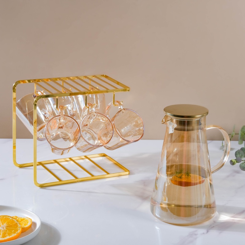 Amber Glass Jug and Cup Set of 7