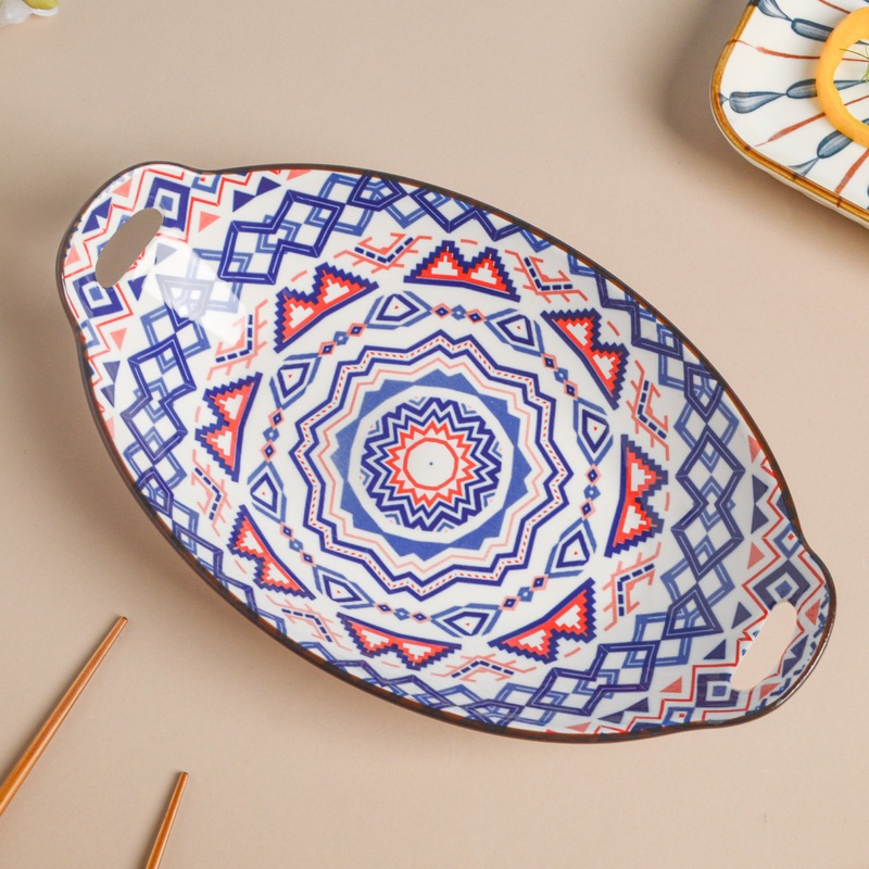 Mandala Blue Ceramic Baking Plate With Handle