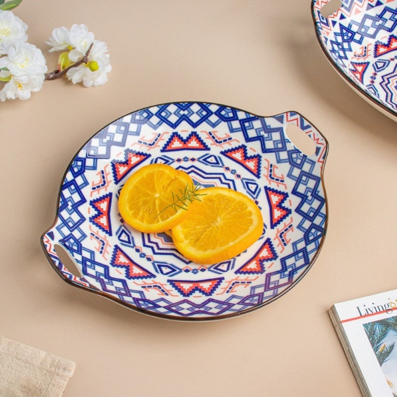 Mandala Blue Round Platter With Handle