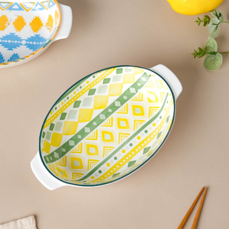 Mandala Ceramic Baking Dish With Handle Yellow 9 Inch