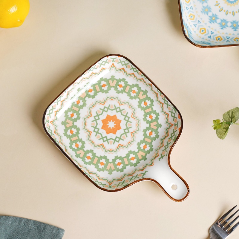 Mandala Green Criss-Cross Square Platter With Handle
