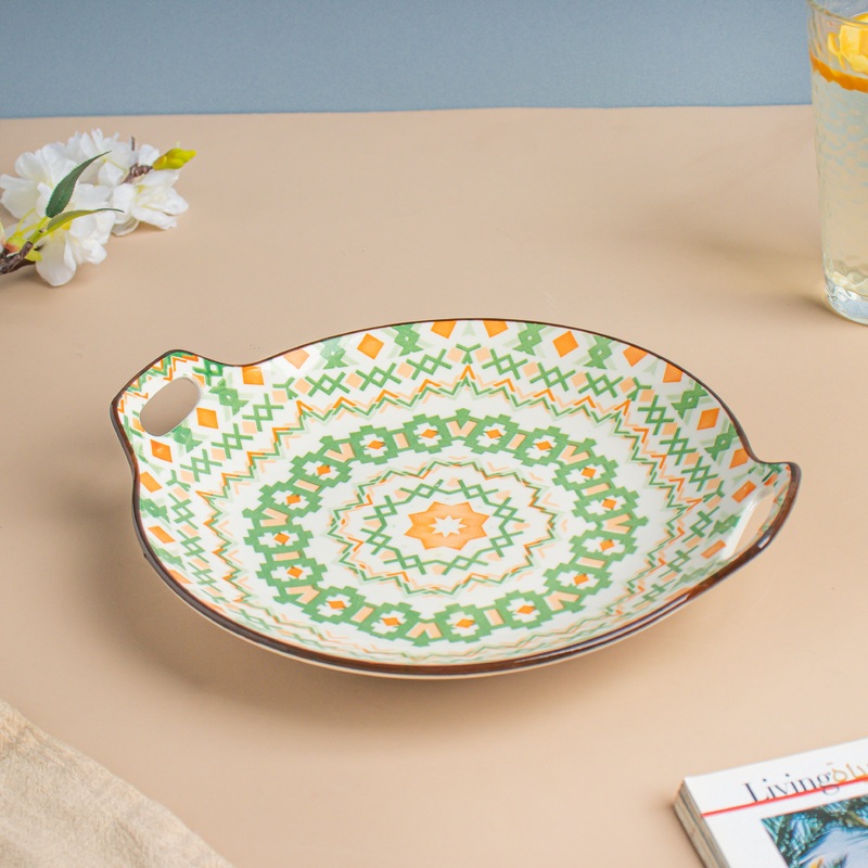 Mandala Round Ceramic Platter With Handle Green