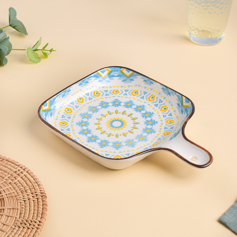 Mandala Yellow Diamonds Square Snack Plate With Handle
