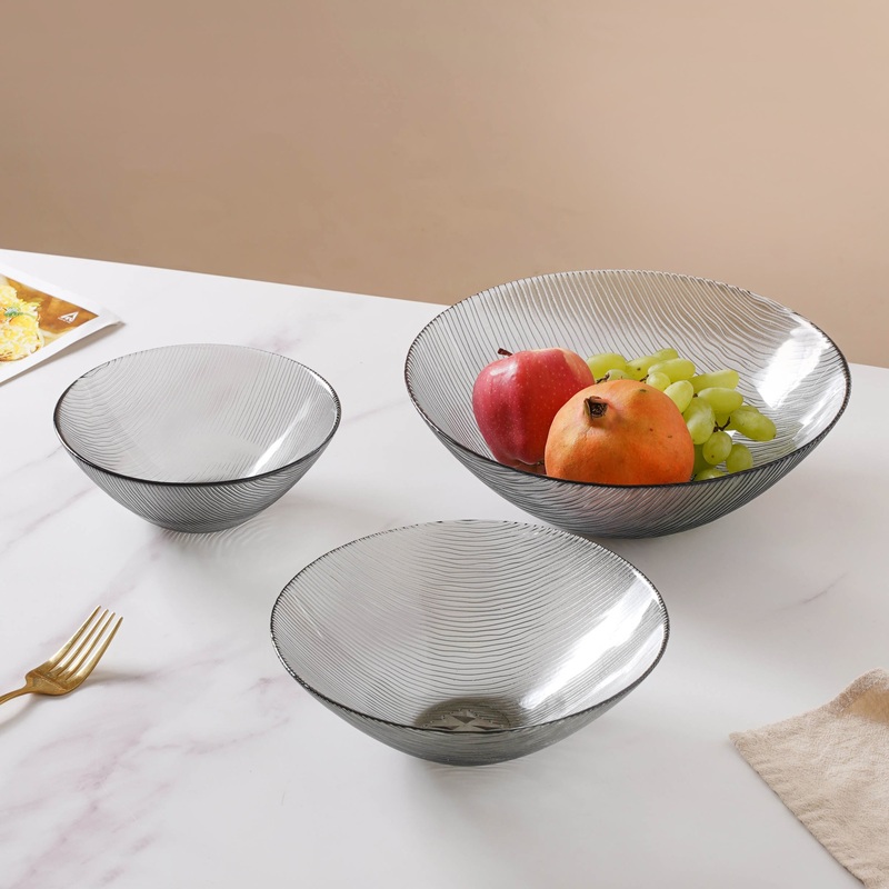 Waves Glass Bowl Set of 3 Grey