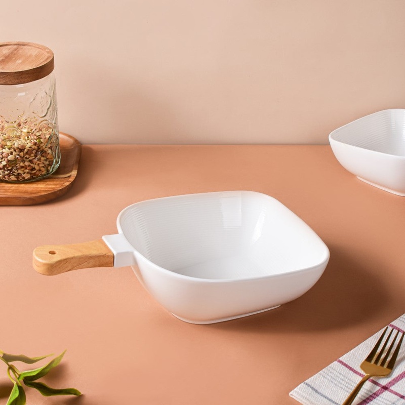 Riona Ceramic Bowl With Wooden Handle White Large