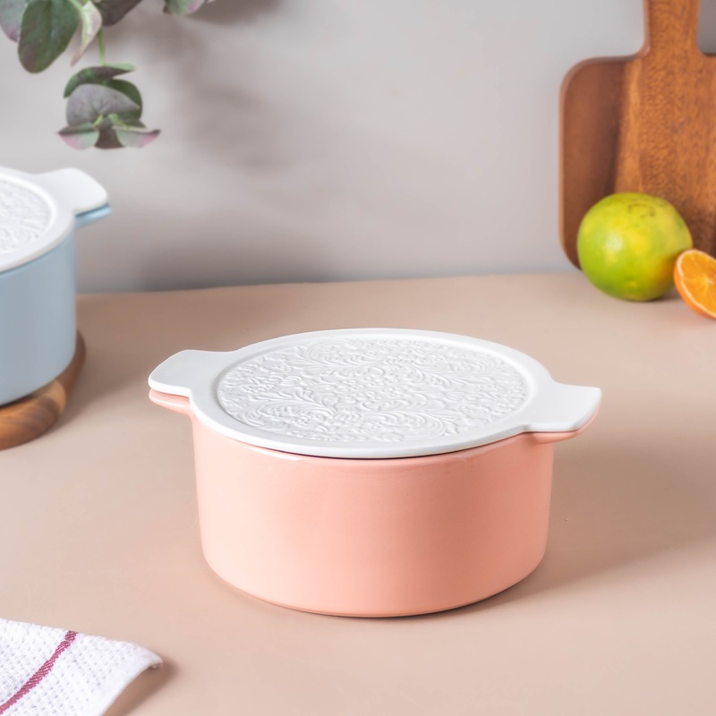Riona Ceramic Serving Pot Pink With Floral Lid