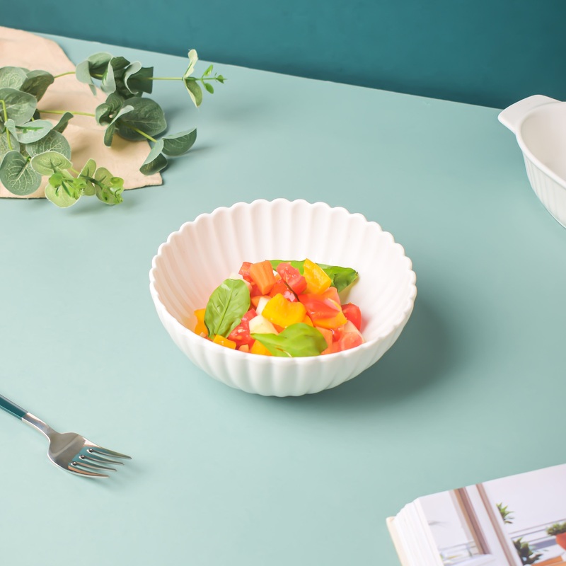 Riona Ribbed Ceramic Salad Bowl White 600ml
