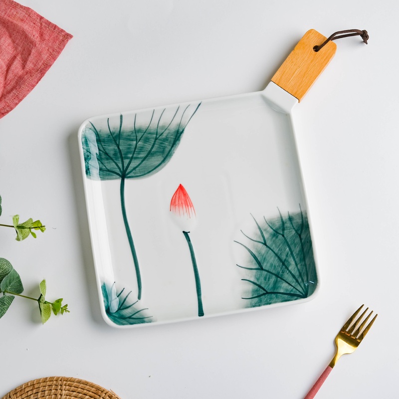 Lotus Leaf Square Platter With Handle 12 Inch Large