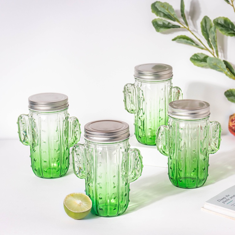 Prickly Cacti Glass Jar Green with Lid Set of 4