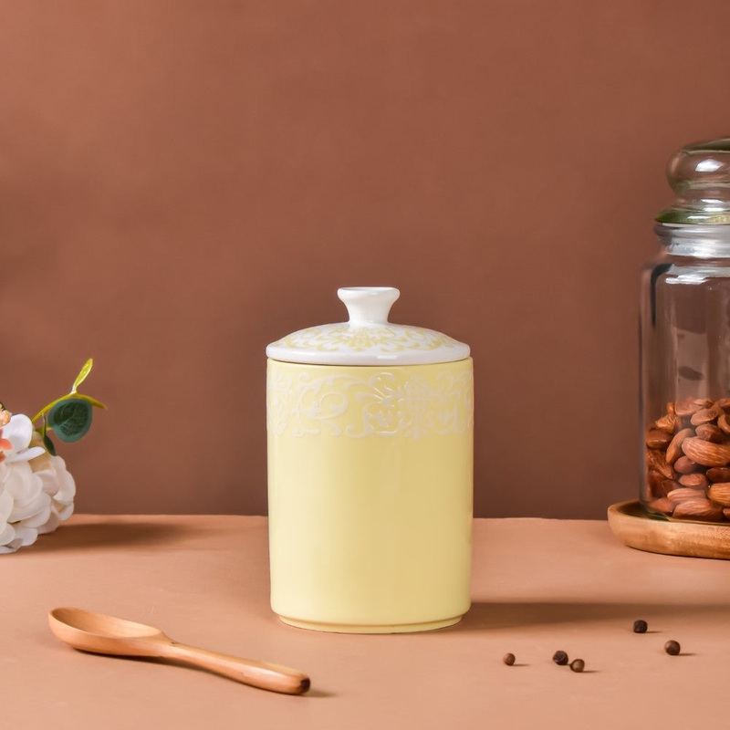 Riona Floral Ceramic Jar With Lid Yellow