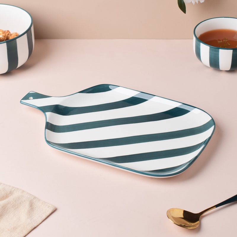 Sailor Striped Green Platter With Handle 10 Inch