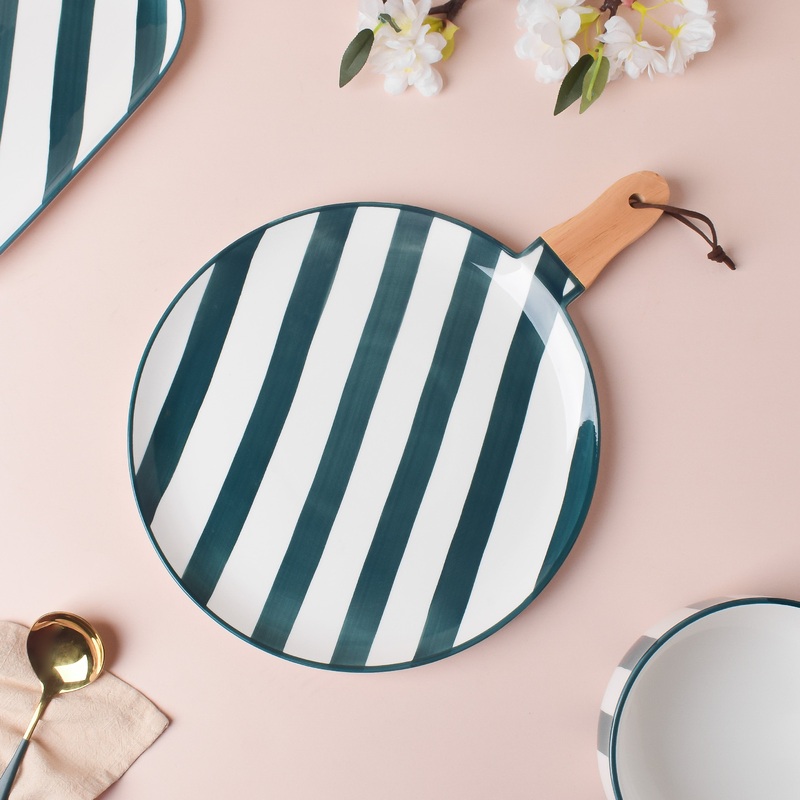 Sailor Striped Platter With Wooden Handle 10 Inch
