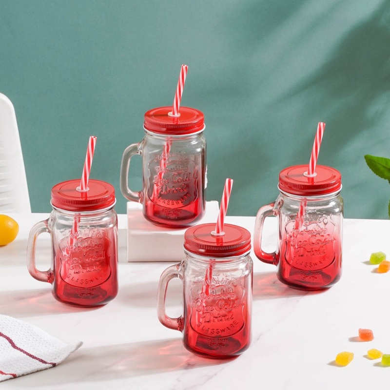 Tutti Frutti Glass Smoothie Jar Red with Lid and Straw Set of 4