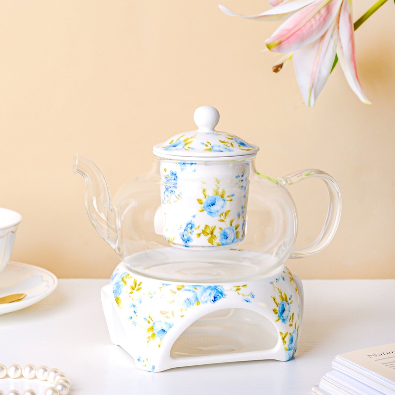 Bluebird Glass Teapot With Warmer White And Blue 700 ml