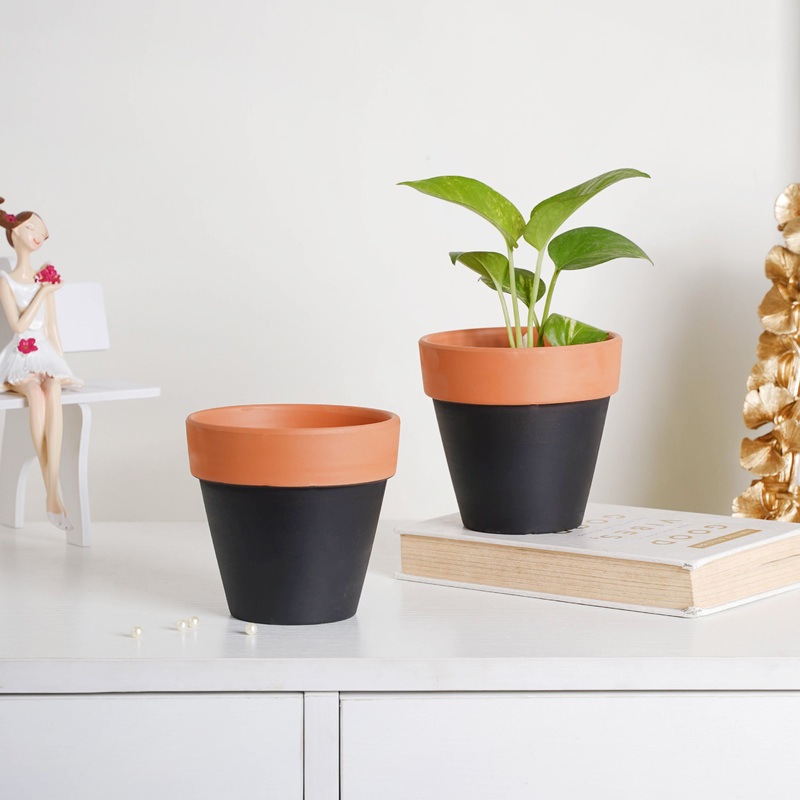 Brown Rim Black Clay Pot Set Of 2