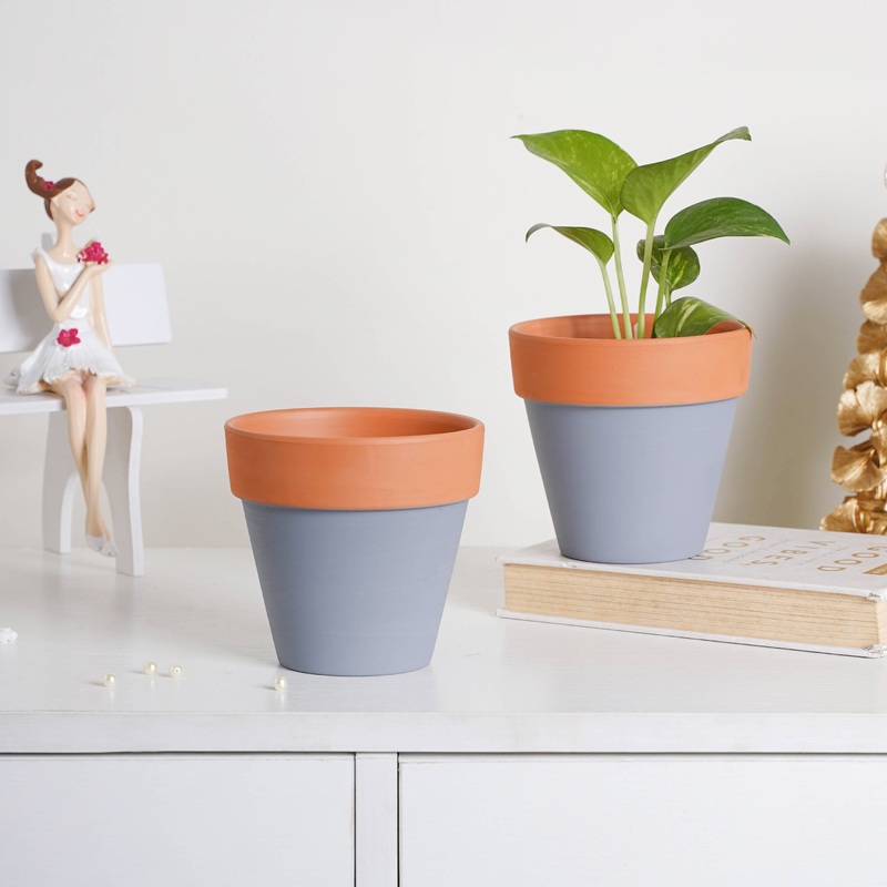 Brown Rim Grey Clay Pot Set Of 2
