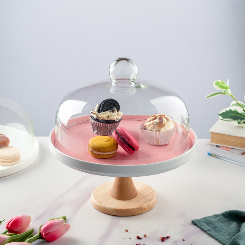 Cake Stand With Cloche Pink 7.5 Inch