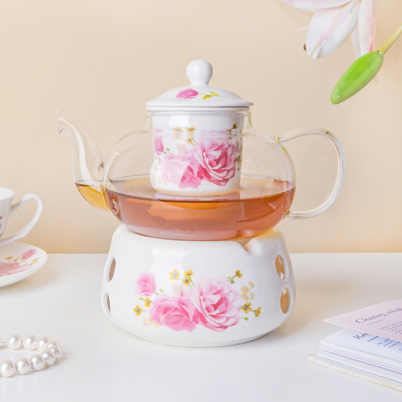 Cherry Rose Glass Teapot With Warmer Base 700 ml