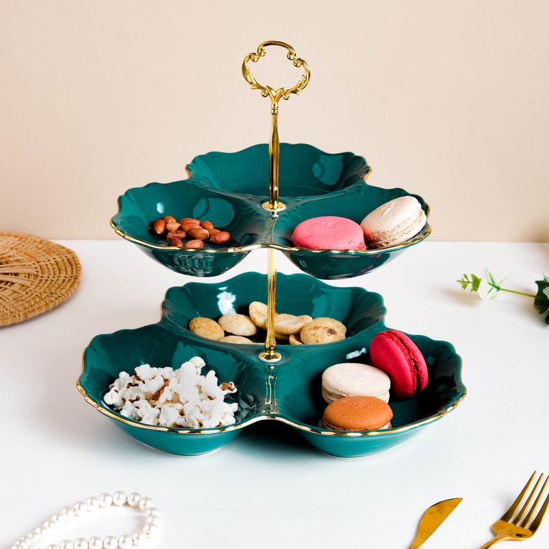 Dessert O' Clock Emerald Two Tier Golden Platter