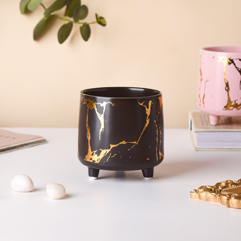 Halcyon Gold Black Marble Ceramic Planter With Legs Small