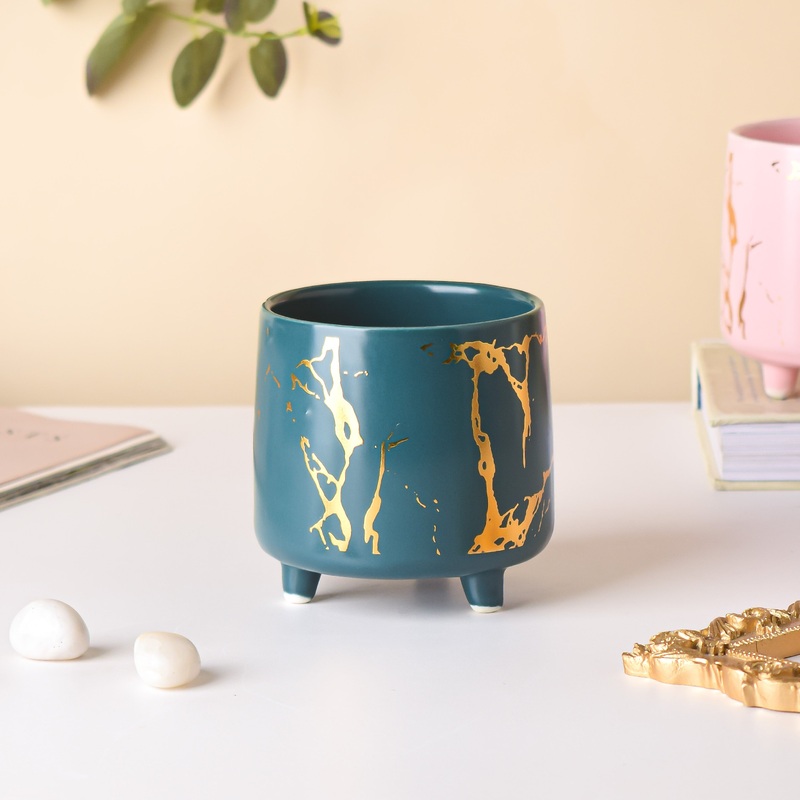 Halcyon Gold Green Marble Ceramic Planter With Legs Small