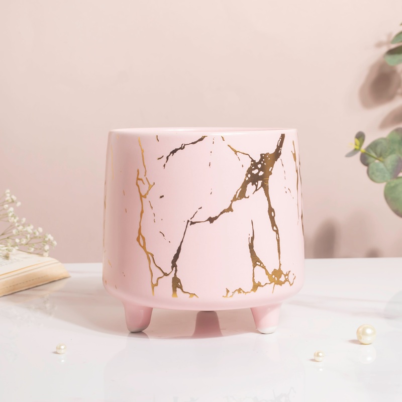 Halcyon Gold Pink Marble Ceramic Planter With Legs Large