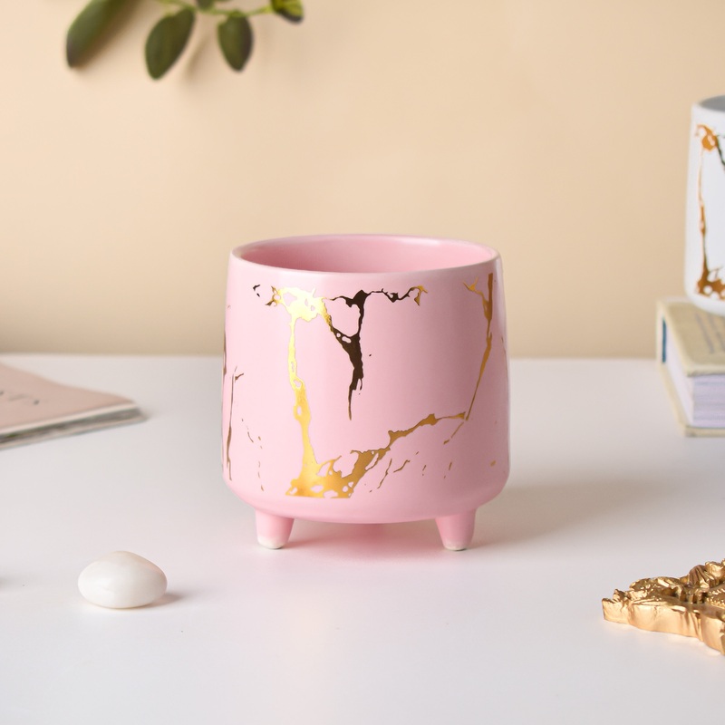 Halcyon Gold Pink Marble Ceramic Planter With Legs Small
