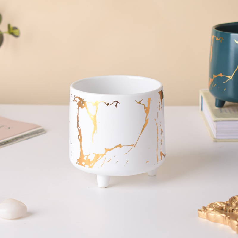 Halcyon Gold White Marble Ceramic Planter With Legs Small